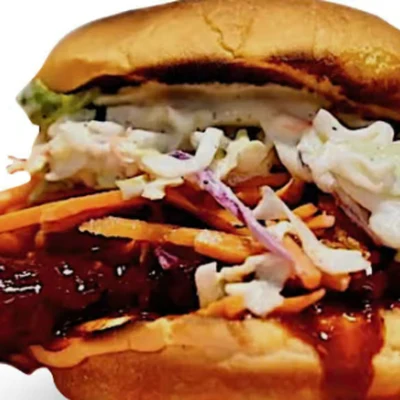 Gochujang Blaze Sando packed for takeout at Blazing Chicken Shack in downtown Winnipeg